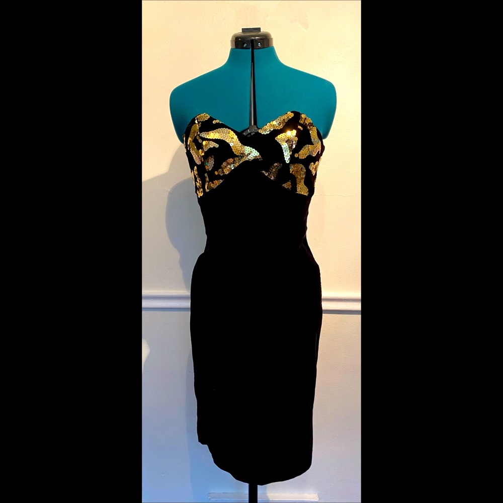 Vintage black stretch velvet and gold sequin bodycon dress